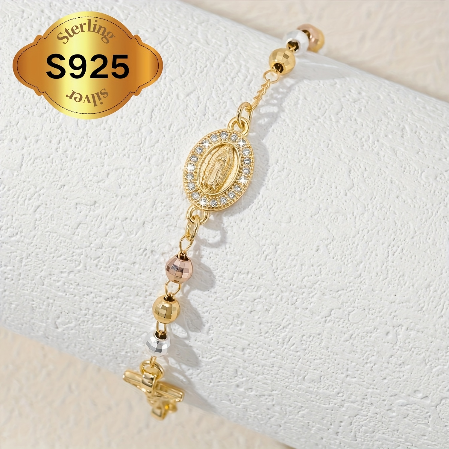 S925 Silver Virgin Mary Cross Rosary Bracelet